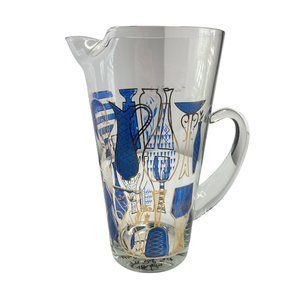 Vintage Blue and Gold MCM Glass Pitcher